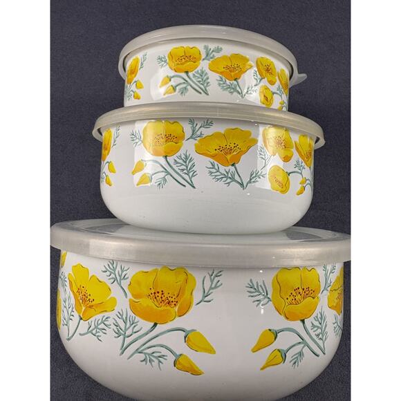 VTG Kobe Enamelware Metal Nesting Bowl Set of 3 Yellow Poppy w/lids - Picture 1 of 11